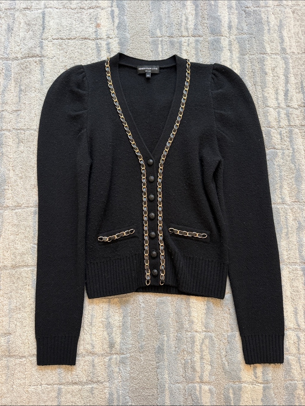 Generation Love Black Puff-Sleeve Cardigan with Gold Chain Trim